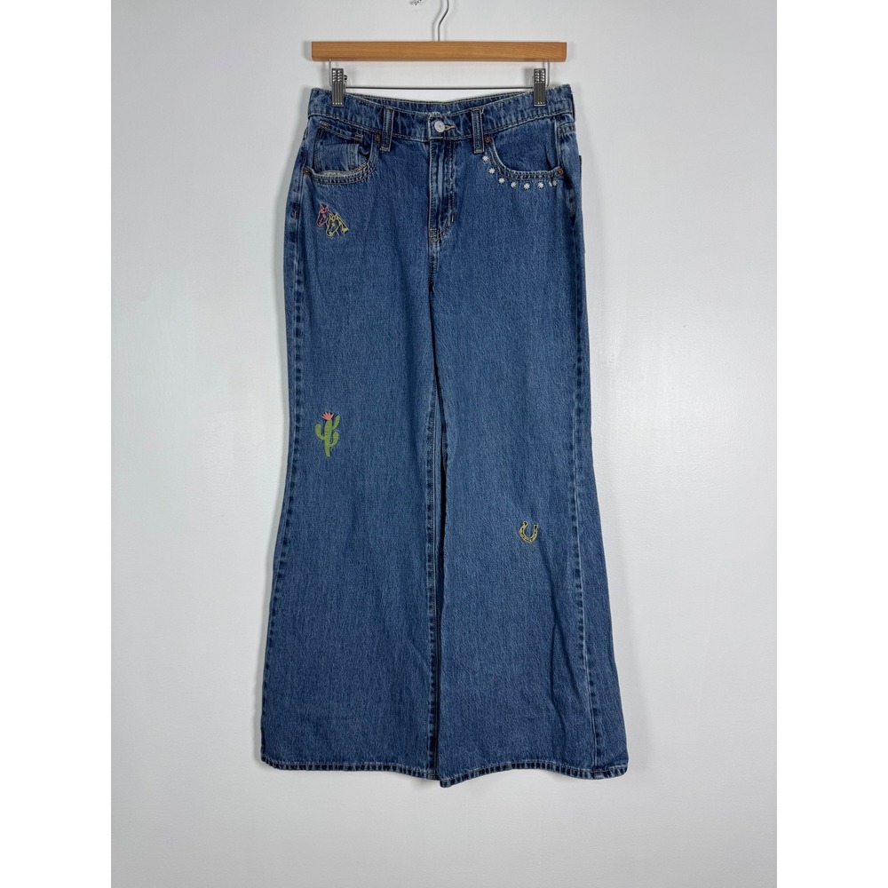 Western Boho Old Navy Kids 18 Baggy Flare Jeans Blue Embroidered Cactus Flower